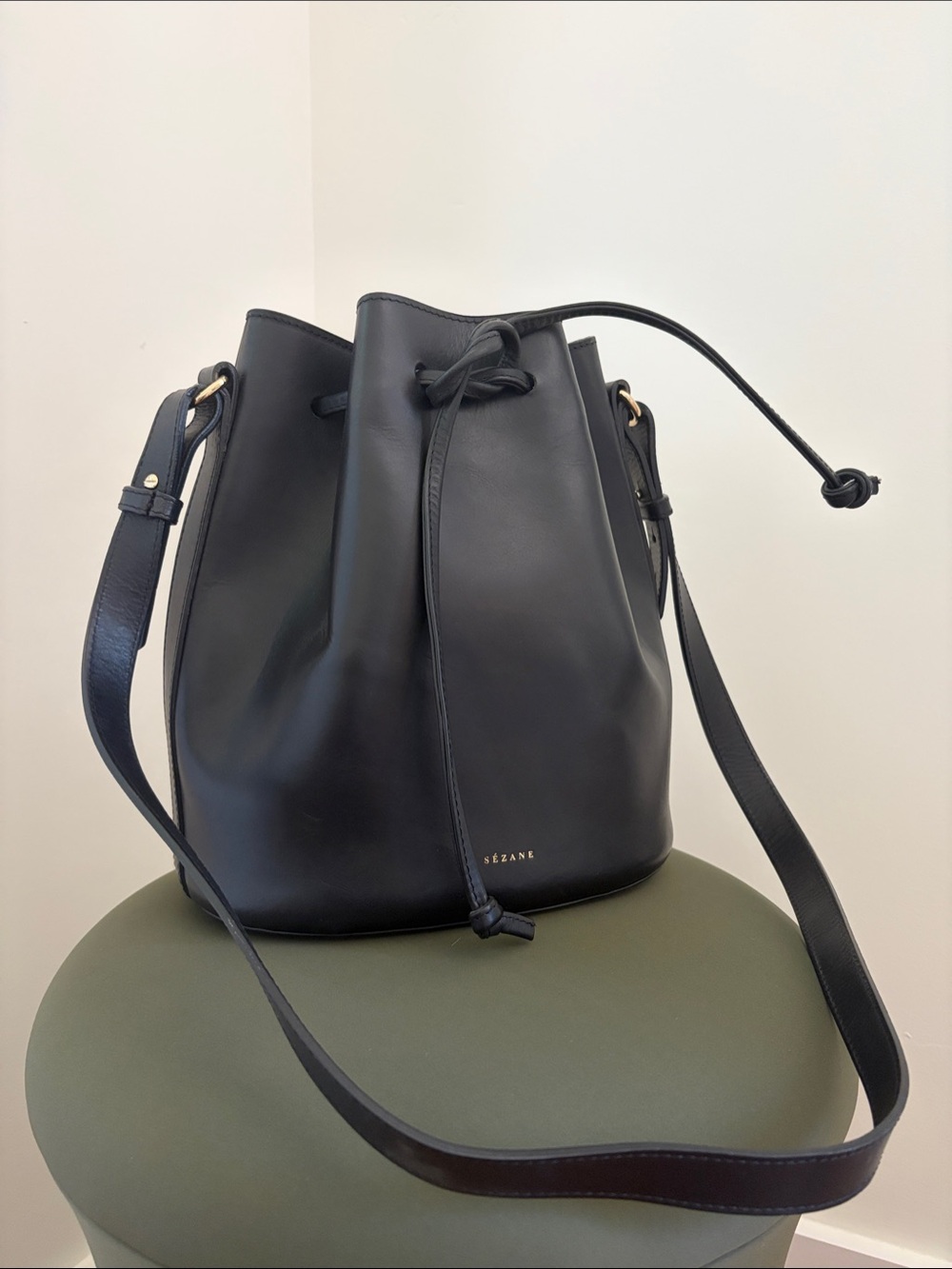 Sezane Black Leather Farrow Bucket Shoulder Bag